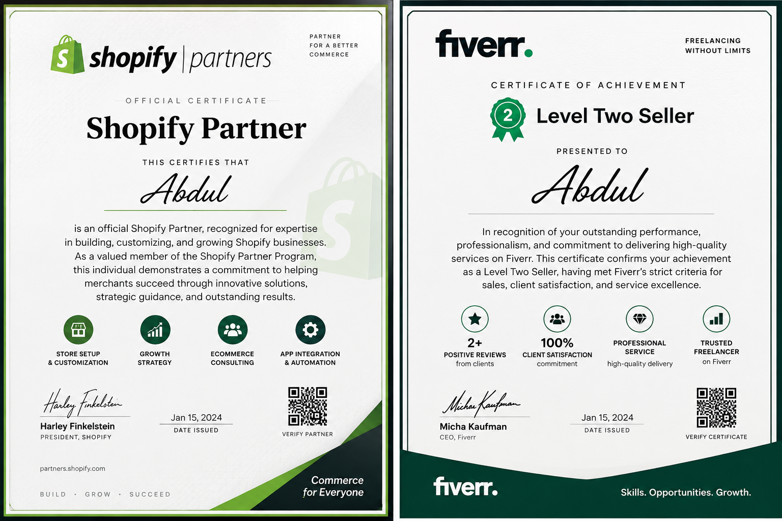 A single supplied certificate dated 15 January 2024. The document names Abdul and records Shopify Partner and Fiverr Level Two Seller credentials.